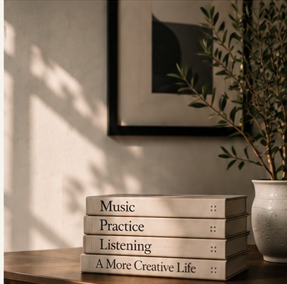 Music books in a warm, sunlit room